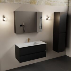 Aivy komplet badmiljø med spejlskab i MDF og solid surface med hanehul B101 cm - Sort/Talkum