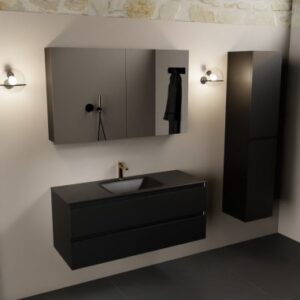 Aivy komplet badmiljø med spejlskab i MDF og solid surface med hanehul B121 cm - Sort/Sort