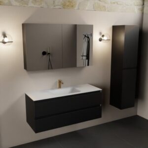Aivy komplet badmiljø med spejlskab i MDF og solid surface med hanehul B121 cm - Sort/Talkum