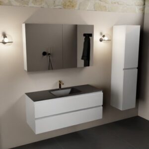 Aivy komplet badmiljø med spejlskab i MDF og solid surface med hanehul B121 cm - Talkum/Sort