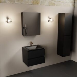 Aivy komplet badmiljø med spejlskab i MDF og solid surface med hanehul B61 cm - Sort/Sort