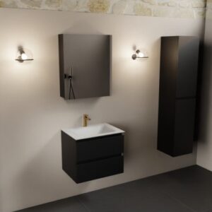 Aivy komplet badmiljø med spejlskab i MDF og solid surface med hanehul B61 cm - Sort/Talkum
