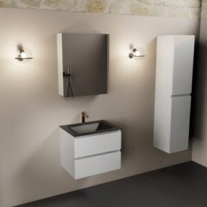 Aivy komplet badmiljø med spejlskab i MDF og solid surface med hanehul B61 cm - Talkum/Sort