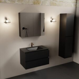 Aivy komplet badmiljø med spejlskab i MDF og solid surface med hanehul B81 cm - Sort/Sort