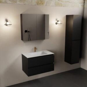 Aivy komplet badmiljø med spejlskab i MDF og solid surface med hanehul B81 cm - Sort/Talkum