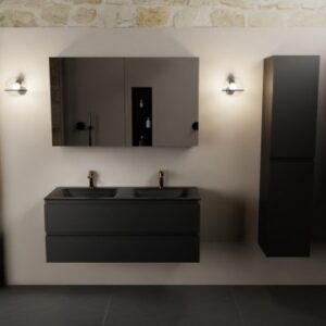Aivy komplet badmiljø med spejlskab i MDF og solid surface med hanehuller B121 cm - Sort/Sort