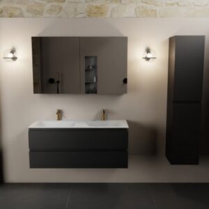 Aivy komplet badmiljø med spejlskab i MDF og solid surface med hanehuller B121 cm - Sort/Talkum