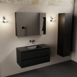 Aivy komplet badmiljø med spejlskab i MDF og solid surface uden hanehul B101 cm - Sort/Sort