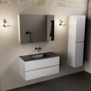 Aivy komplet badmiljø med spejlskab i MDF og solid surface uden hanehul B101 cm - Talkum/Sort