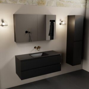 Aivy komplet badmiljø med spejlskab i MDF og solid surface uden hanehul B121 cm - Sort/Sort