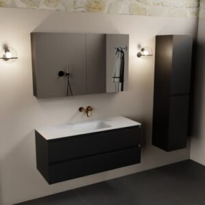 Aivy komplet badmiljø med spejlskab i MDF og solid surface uden hanehul B121 cm - Sort/Talkum
