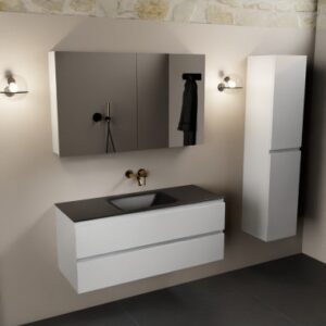 Aivy komplet badmiljø med spejlskab i MDF og solid surface uden hanehul B121 cm - Talkum/Sort