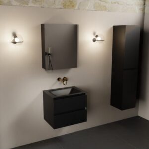 Aivy komplet badmiljø med spejlskab i MDF og solid surface uden hanehul B61 cm - Sort/Sort
