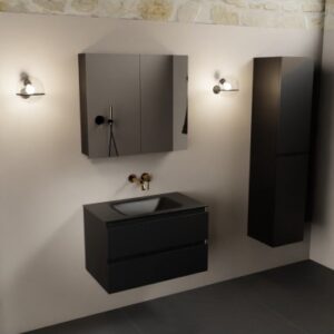 Aivy komplet badmiljø med spejlskab i MDF og solid surface uden hanehul B81 cm - Sort/Sort