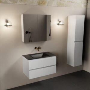 Aivy komplet badmiljø med spejlskab i MDF og solid surface uden hanehul B81 cm - Talkum/Sort