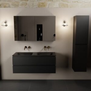 Aivy komplet badmiljø med spejlskab i MDF og solid surface uden hanehuller B121 cm - Sort/Sort