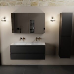 Aivy komplet badmiljø med spejlskab i MDF og solid surface uden hanehuller B121 cm - Sort/Talkum