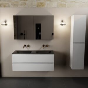 Aivy komplet badmiljø med spejlskab i MDF og solid surface uden hanehuller B121 cm - Talkum/Sort