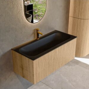 KURVE Komplet badmiljø i egetræ og solid surface med hanehul B101 cm - Eg/Sort