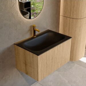 KURVE Komplet badmiljø i egetræ og solid surface med hanehul B71 cm - Eg/Sort