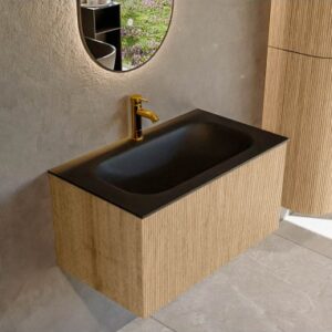 KURVE Komplet badmiljø i egetræ og solid surface med hanehul B81 cm - Eg/Sort