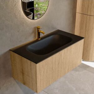 KURVE Komplet badmiljø i egetræ og solid surface med hanehul B91 cm - Eg/Sort