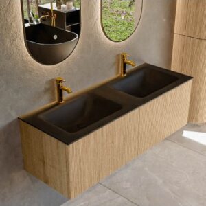 KURVE Komplet badmiljø i egetræ og solid surface med hanehuller B131 cm - Eg/Sort