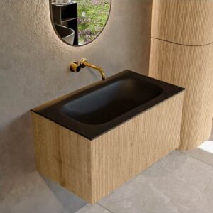 KURVE Komplet badmiljø i egetræ og solid surface uden hanehul B81 cm - Eg/Sort