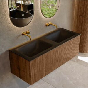 KURVE Komplet badmiljø i egetræ og solid surface uden hanehuller B121 cm - Valnød/Sort
