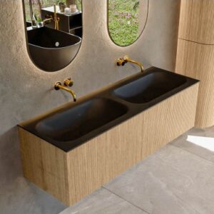 KURVE Komplet badmiljø i egetræ og solid surface uden hanehuller B141 cm - Eg/Sort